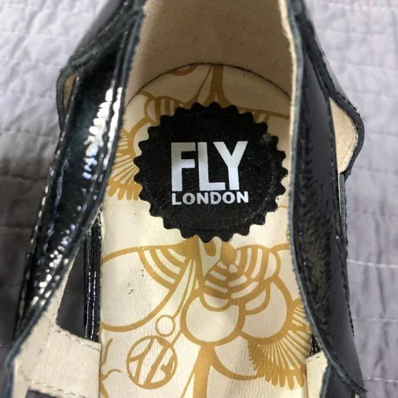 Fly London Wedge Size 41 EU 10 US Yadi Interwoven Straps Peep Toe Black Patent - Picture 5 of 13